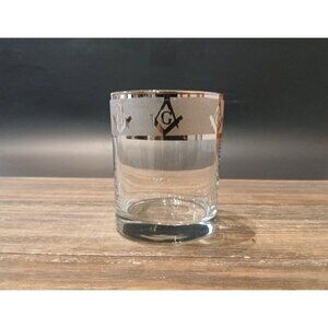 G Mason Bourbon Low Ball Glass Silver Tone Freemason Logo Vintage Clear Glass